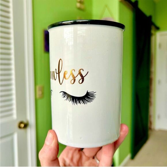 Eyelashes Beauty Make Up Brush Holder "Flawless" Ceramic Storage Jar Art - Picture 3 of 9